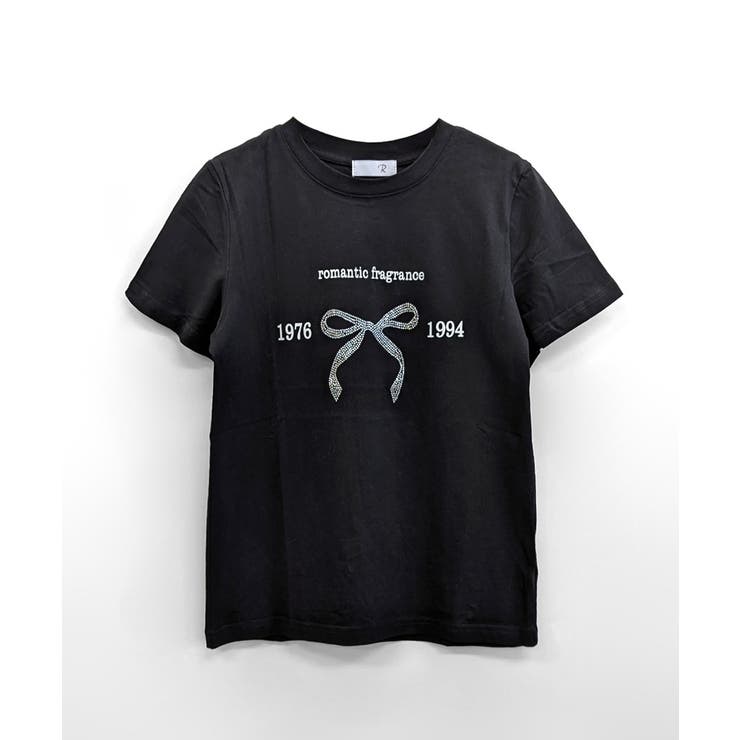 ラインストーンリボン半袖Tシャツ ロゴプリント プリントT[品番