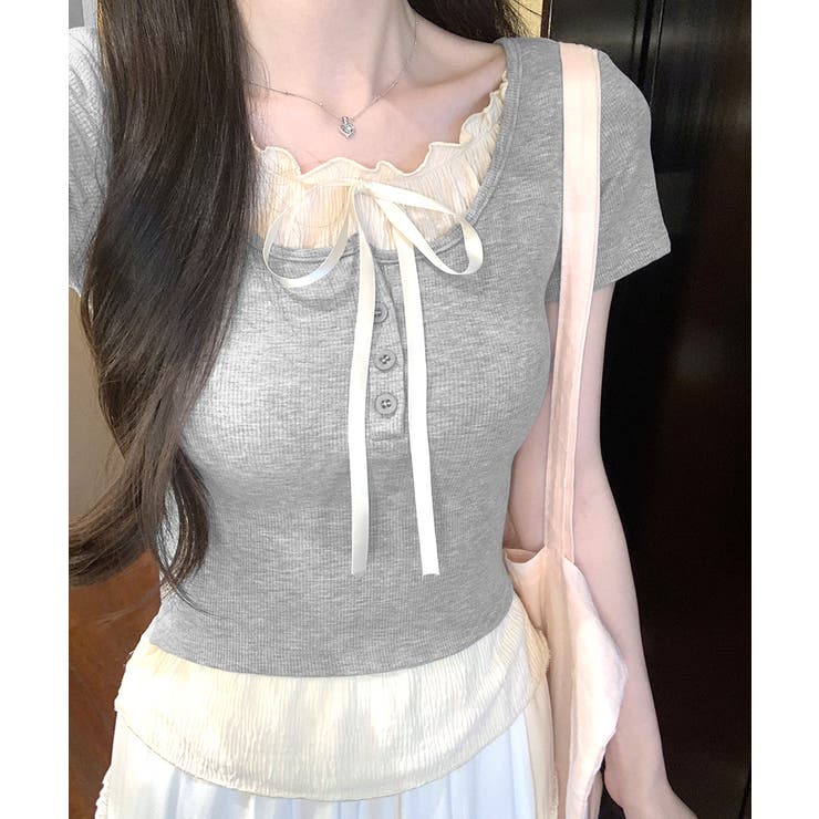 フェイクレイヤード胸リボントップス 半袖 重ね着風 | Riff | 詳細画像11 