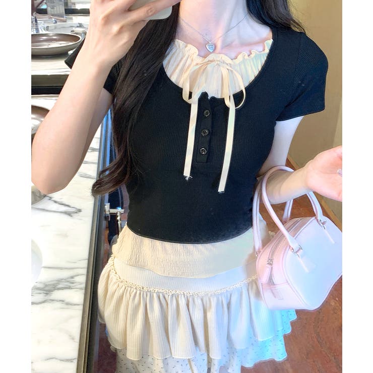 フェイクレイヤード胸リボントップス 半袖 重ね着風 | Riff | 詳細画像15 