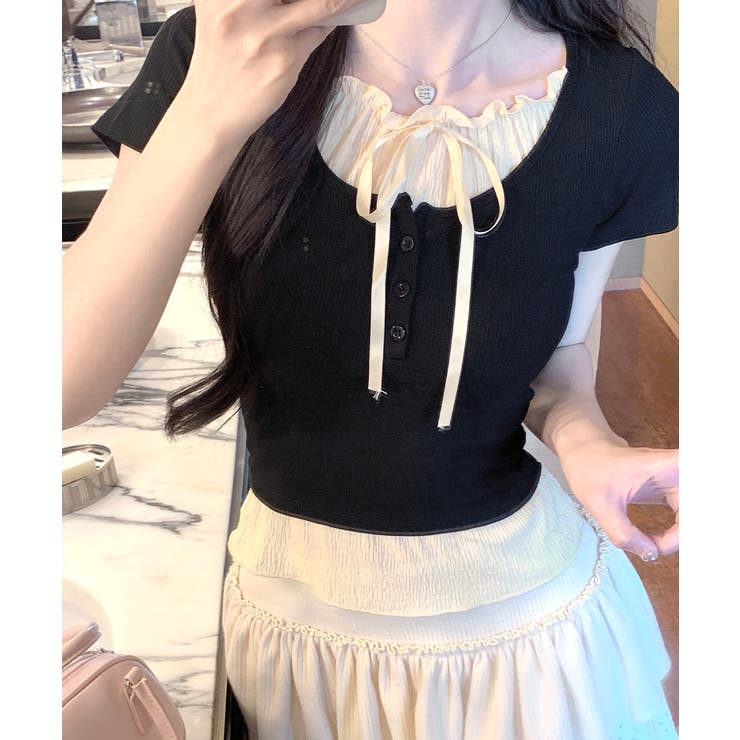 フェイクレイヤード胸リボントップス 半袖 重ね着風 | Riff | 詳細画像16 