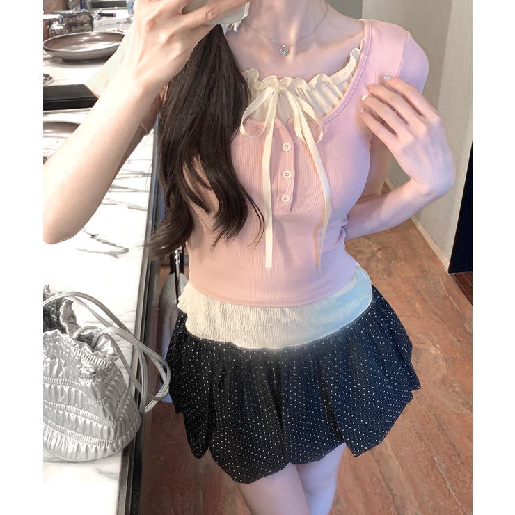 フェイクレイヤード胸リボントップス 半袖 重ね着風 | Riff | 詳細画像19 