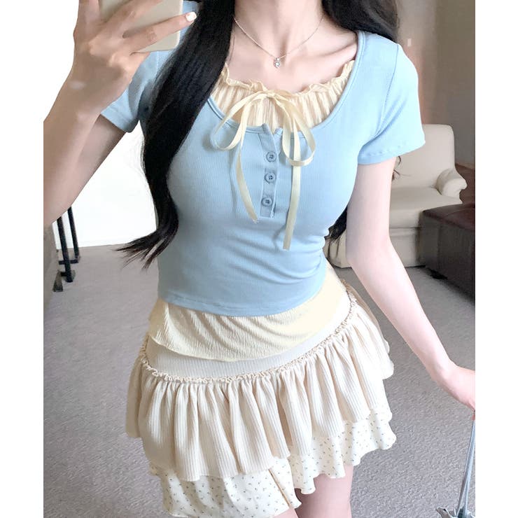 フェイクレイヤード胸リボントップス 半袖 重ね着風 | Riff | 詳細画像2 