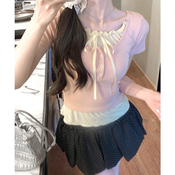 フェイクレイヤード胸リボントップス 半袖 重ね着風 | Riff | 詳細画像20 