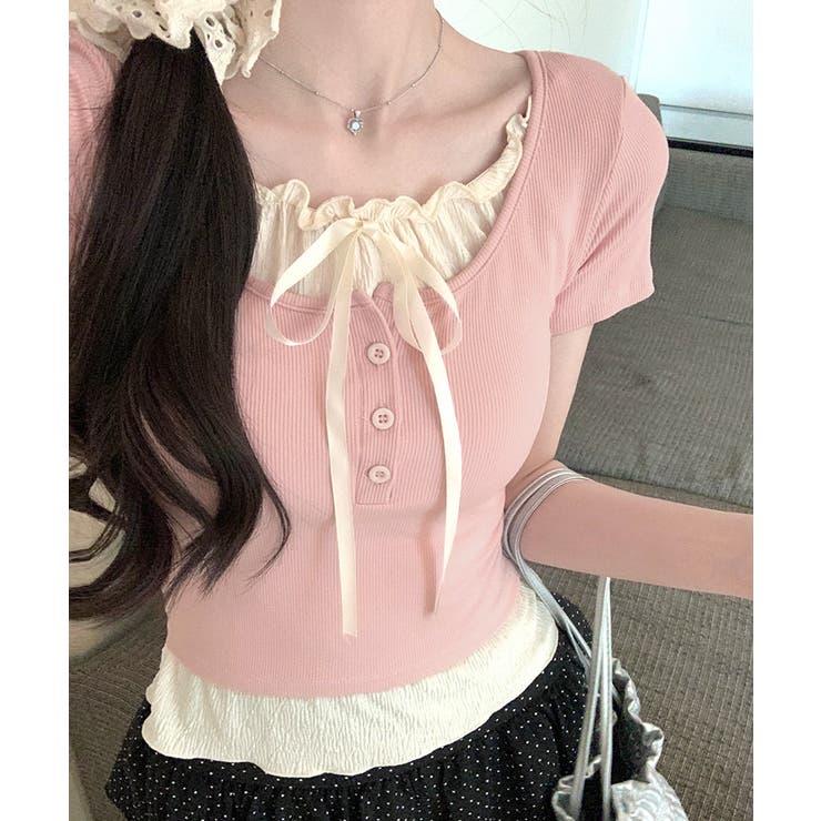 フェイクレイヤード胸リボントップス 半袖 重ね着風 | Riff | 詳細画像21 