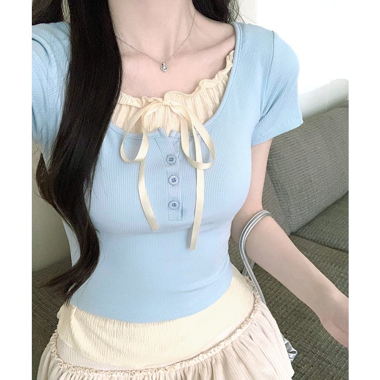 フェイクレイヤード胸リボントップス 半袖 重ね着風 | Riff | 詳細画像3 