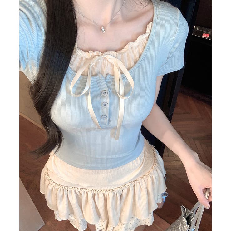 フェイクレイヤード胸リボントップス 半袖 重ね着風 | Riff | 詳細画像4 