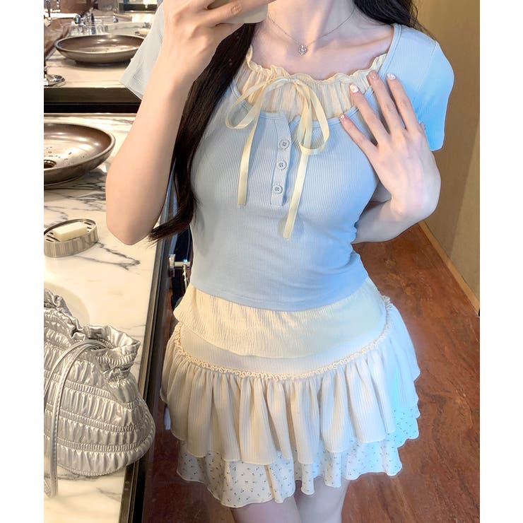 フェイクレイヤード胸リボントップス 半袖 重ね着風 | Riff | 詳細画像5 