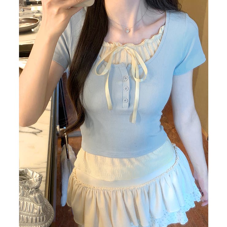 フェイクレイヤード胸リボントップス 半袖 重ね着風 | Riff | 詳細画像6 