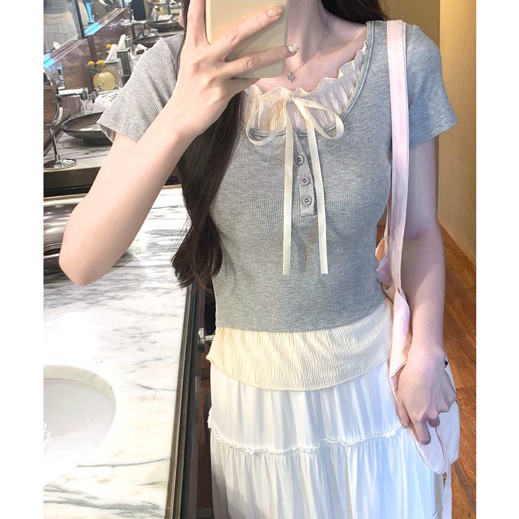 フェイクレイヤード胸リボントップス 半袖 重ね着風 | Riff | 詳細画像7 