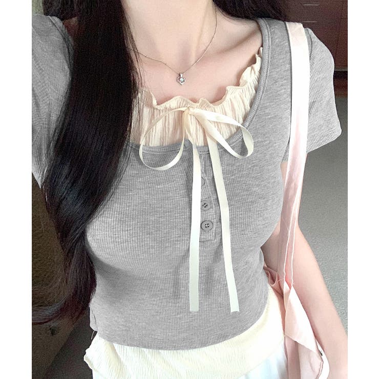 フェイクレイヤード胸リボントップス 半袖 重ね着風 | Riff | 詳細画像8 