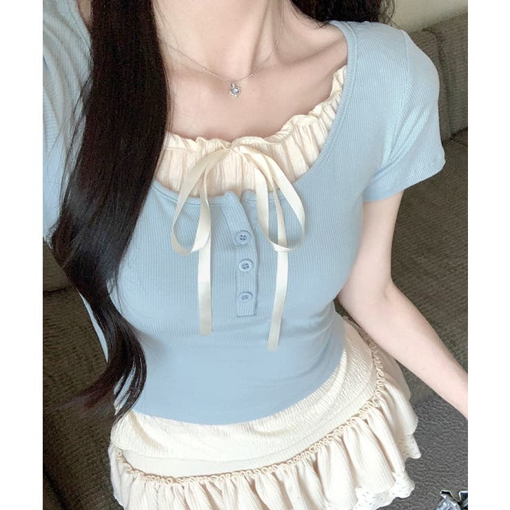 サックス | フェイクレイヤード胸リボントップス 半袖 重ね着風 | Riff
