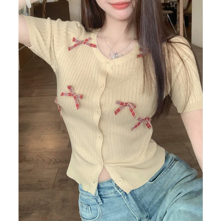 チェックリボン付きカーディガン サマーニット リブニット | Riff | 詳細画像3 