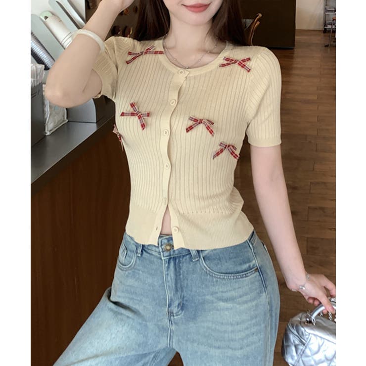 チェックリボン付きカーディガン サマーニット リブニット | Riff | 詳細画像4 