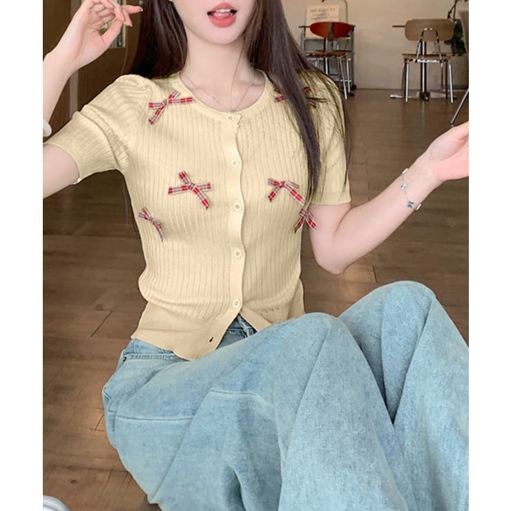 チェックリボン付きカーディガン サマーニット リブニット | Riff | 詳細画像5 