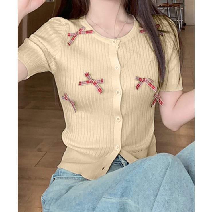 ベージュ | チェックリボン付きカーディガン サマーニット リブニット | Riff