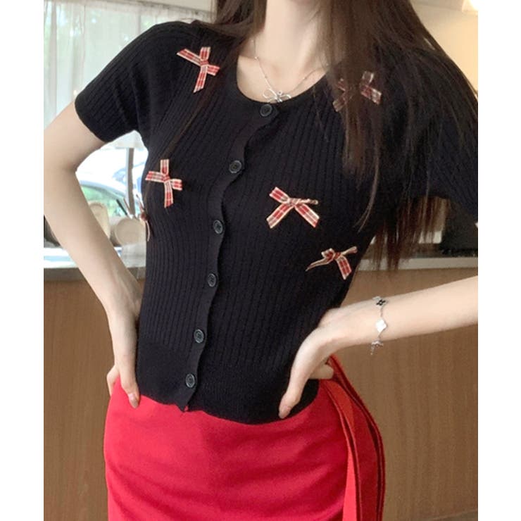 ブラック | チェックリボン付きカーディガン サマーニット リブニット | Riff