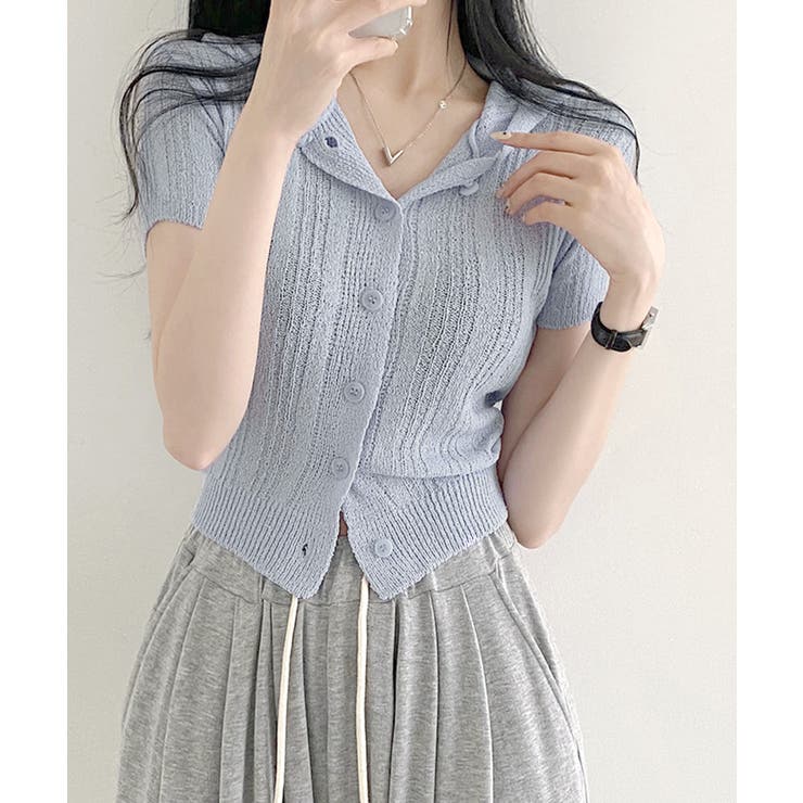 フード付きニット半袖カーディガン サマーニット ニットカーデ | Riff | 詳細画像10 