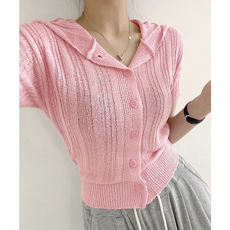 フード付きニット半袖カーディガン サマーニット ニットカーデ | Riff | 詳細画像7 