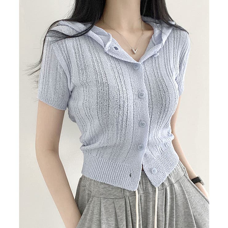 フード付きニット半袖カーディガン サマーニット ニットカーデ | Riff | 詳細画像8 