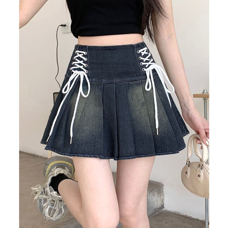 レースアップリボンデニムミニスカート インナーパンツ付き プリーツスカート | Riff | 詳細画像16 