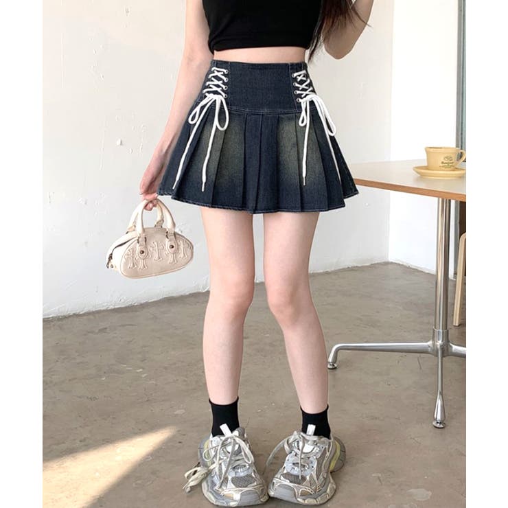 レースアップリボンデニムミニスカート インナーパンツ付き プリーツスカート | Riff | 詳細画像17 