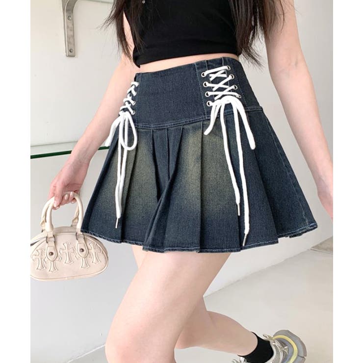 レースアップリボンデニムミニスカート インナーパンツ付き プリーツスカート | Riff | 詳細画像23 