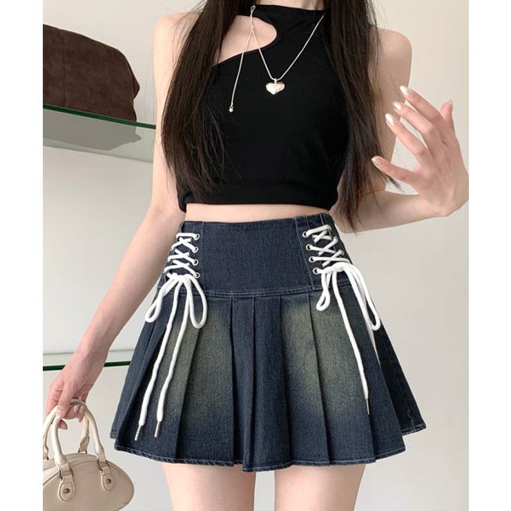 レースアップリボンデニムミニスカート インナーパンツ付き プリーツスカート | Riff | 詳細画像24 