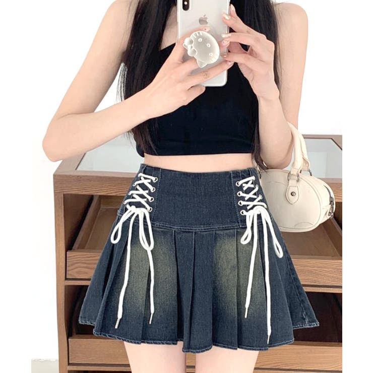 レースアップリボンデニムミニスカート インナーパンツ付き プリーツスカート | Riff | 詳細画像27 