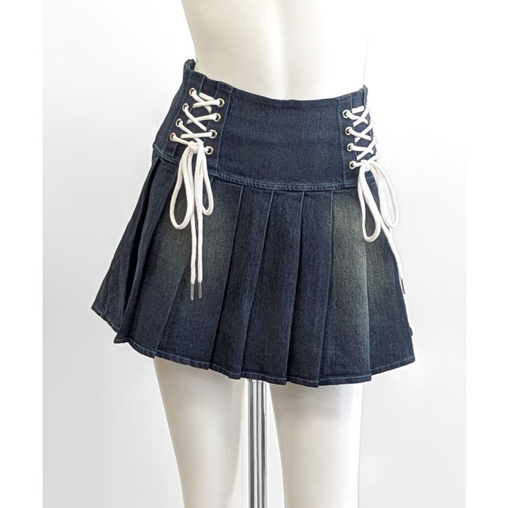 レースアップリボンデニムミニスカート インナーパンツ付き プリーツスカート | Riff | 詳細画像30 