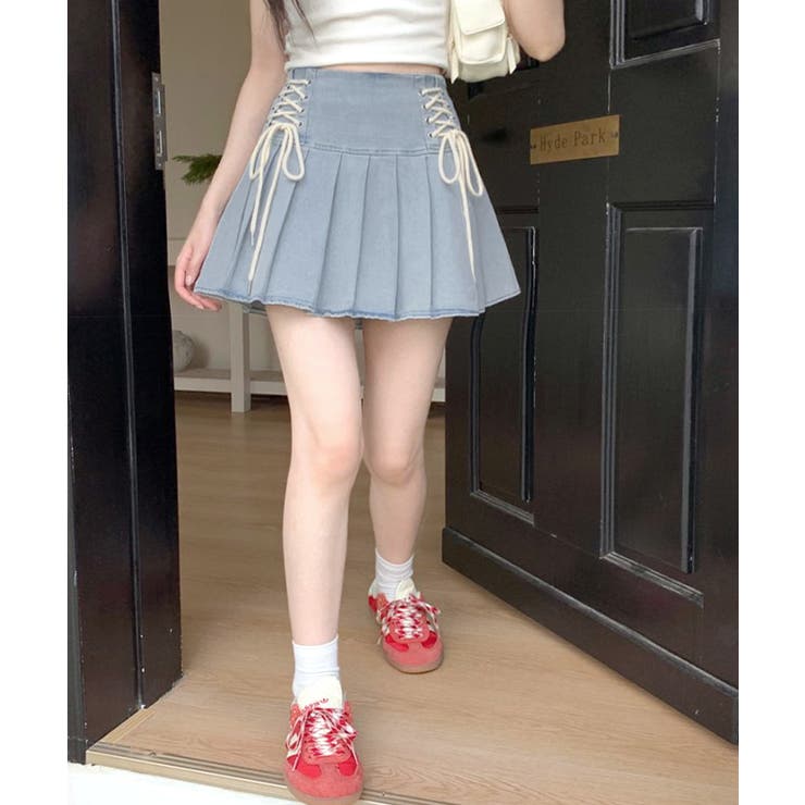 レースアップリボンデニムミニスカート インナーパンツ付き プリーツスカート | Riff | 詳細画像6 