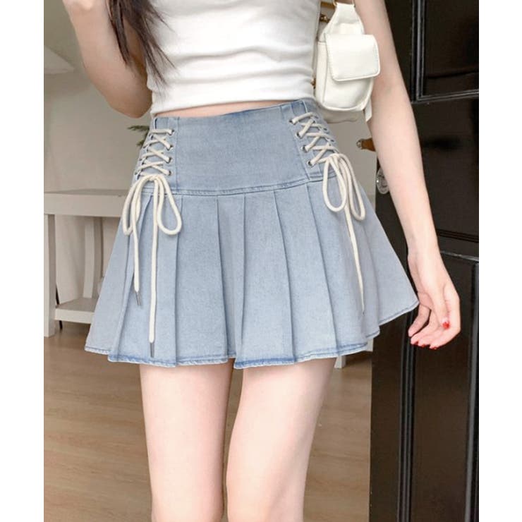 レースアップリボンデニムミニスカート インナーパンツ付き プリーツスカート | Riff | 詳細画像7 
