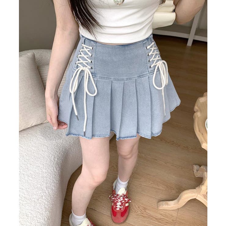 レースアップリボンデニムミニスカート インナーパンツ付き プリーツスカート | Riff | 詳細画像9 