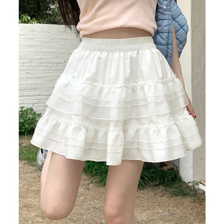 2段レースフリルミニスカート インナーパンツ付き ティアードスカート