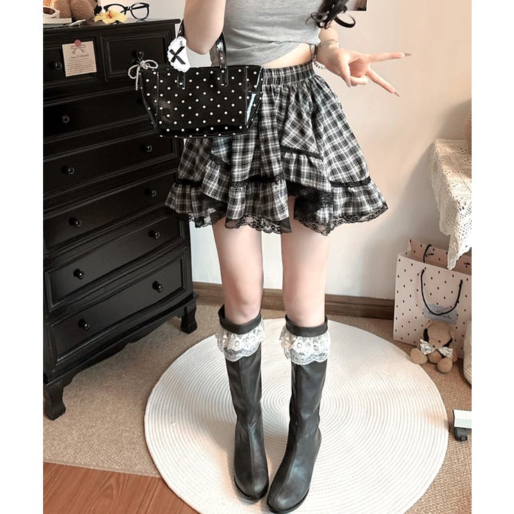 裾レースアシンメトリーフリルミニスカート インナーパンツ付き フレアスカート | Riff | 詳細画像14 