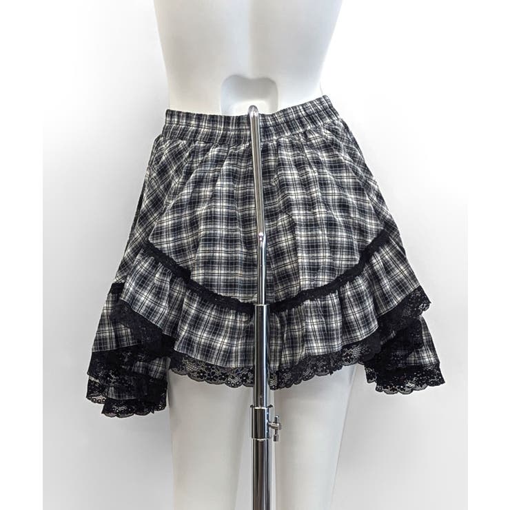 黒のフレアスカート レースの裾付き 丈42cm］チェーン付き裾レースプリーツスカート（ミニスカート