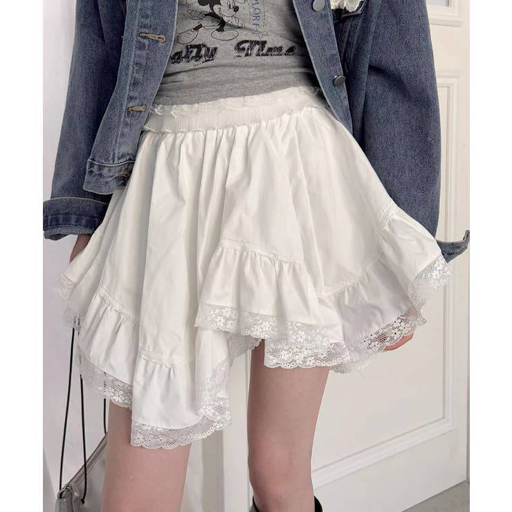 裾レースアシンメトリーフリルミニスカート インナーパンツ付き フレアスカート | Riff | 詳細画像7 