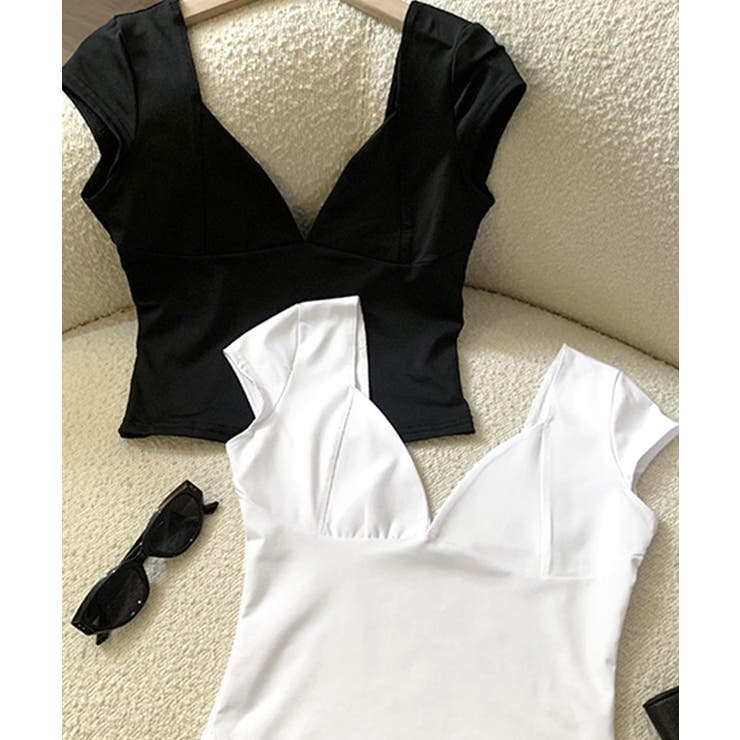 深Vネック半袖トップス ショート丈 クロップド丈 | Riff | 詳細画像2 