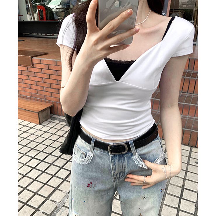 深Vネック半袖トップス ショート丈 クロップド丈 | Riff | 詳細画像6 