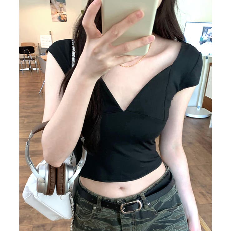 深Vネック半袖トップス ショート丈 クロップド丈 | Riff | 詳細画像7 