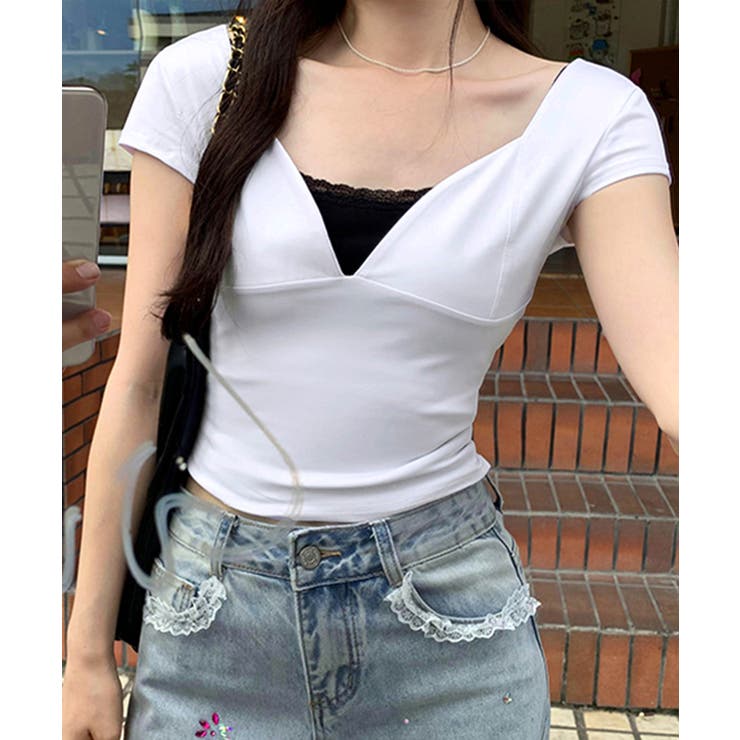 ホワイト | 深Vネック半袖トップス ショート丈 クロップド丈 | Riff