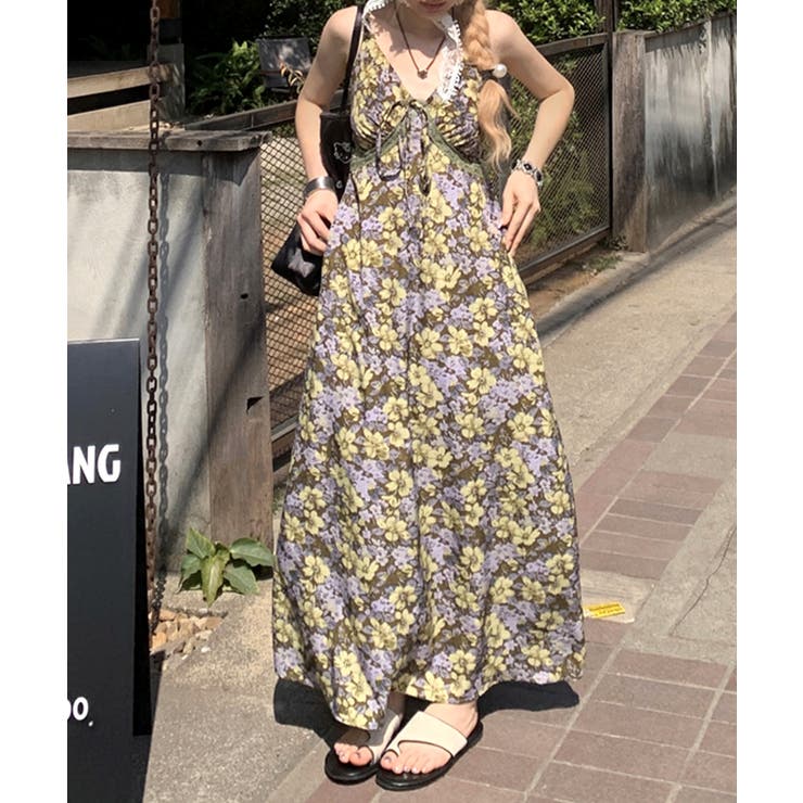 胸元レース花柄ロングキャミワンピース マキシワンピース Aラインワンピース | Riff | 詳細画像22 