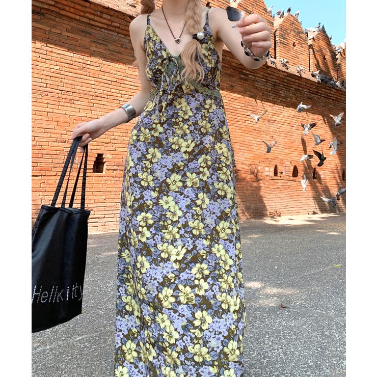 胸元レース花柄ロングキャミワンピース マキシワンピース A 胸元レース花柄ロングキャミワンピース マキシワンピース A