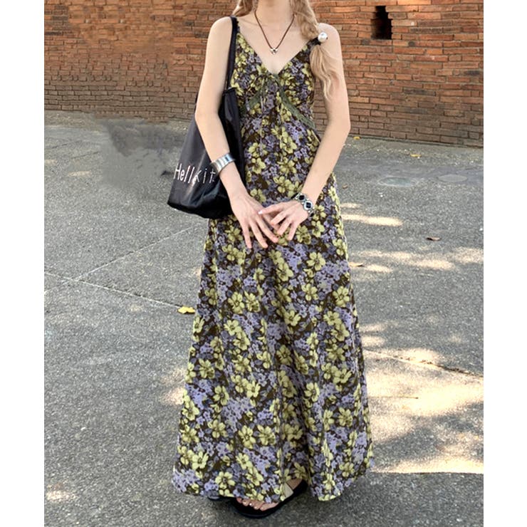 胸元レース花柄ロングキャミワンピース マキシワンピース A 胸元レース花柄ロングキャミワンピース マキシワンピース A