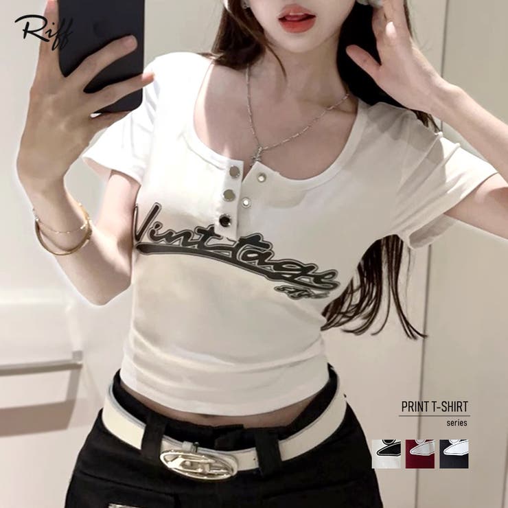 ヘンリーネックロゴプリントTシャツ 半袖 プリントT | Riff | 詳細画像1 