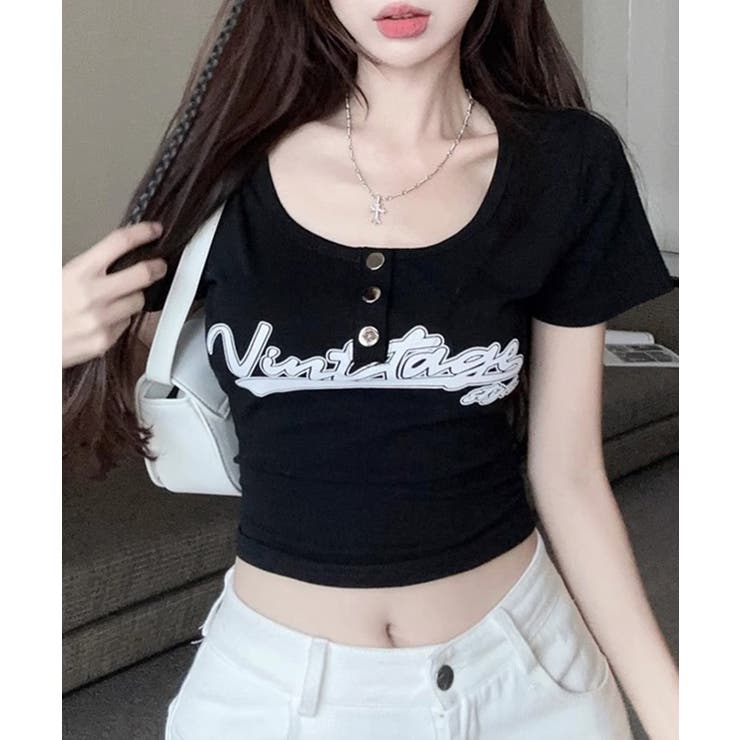 ブラック | ヘンリーネックロゴプリントTシャツ 半袖 プリントT | Riff