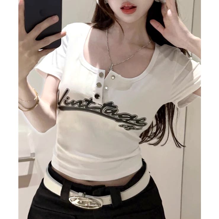 ホワイト | ヘンリーネックロゴプリントTシャツ 半袖 プリントT | Riff