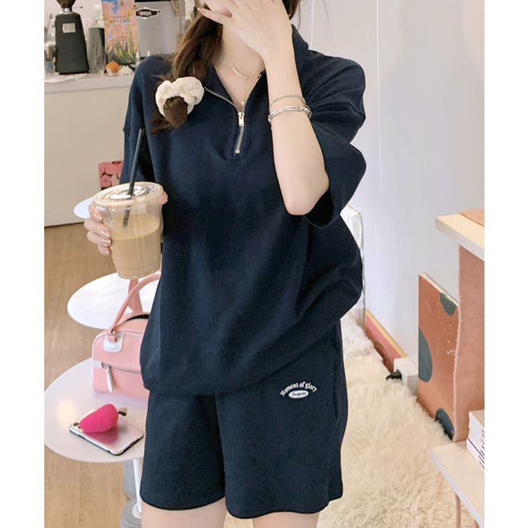 2点セット] ハーフジップトップス+ショートパンツ セットアップ[品番