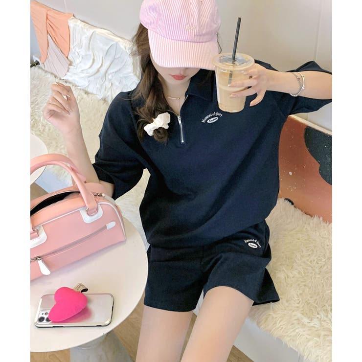 2点セット] ハーフジップトップス+ショートパンツ セットアップ[品番