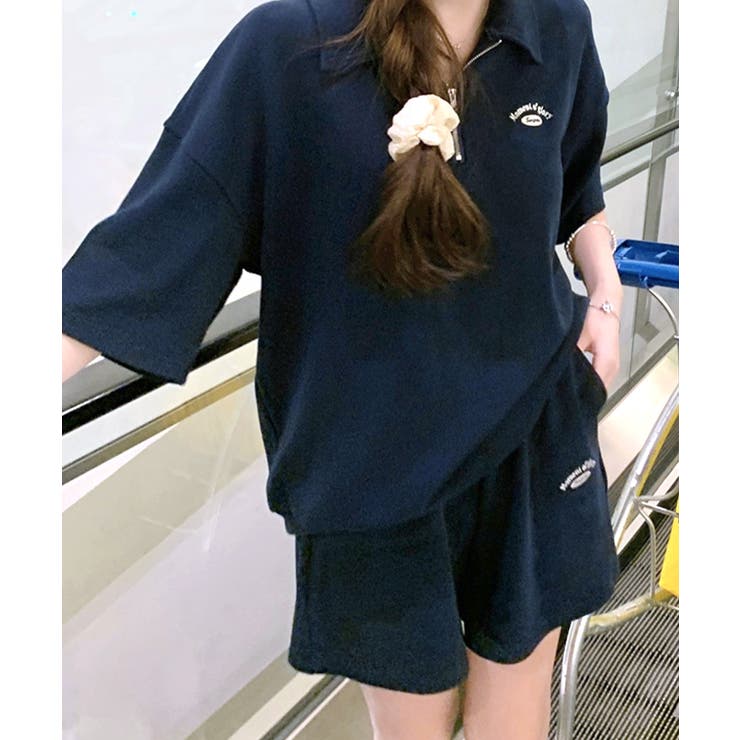 2点セット] ハーフジップトップス+ショートパンツ セットアップ[品番
