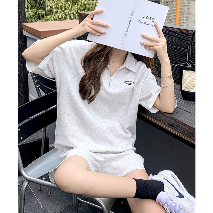2点セット] ハーフジップトップス+ショートパンツ セットアップ[品番
